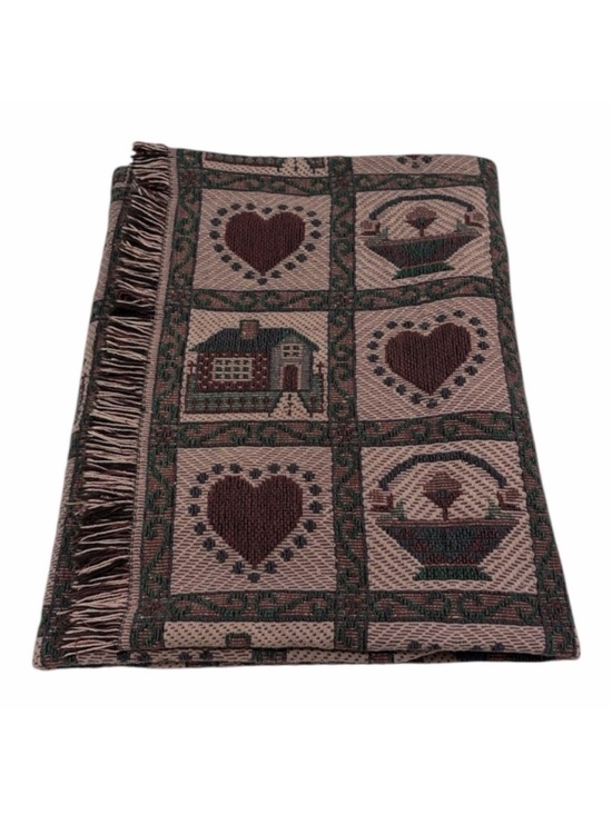 Vintage Other - (1990’s) Woven Cotton Tapestry Hearts & Home Throw Blanket